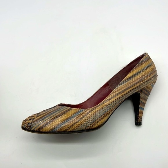 Stuart Weitzman - Vintage Leather Brown & Blue Snakeskin Leather Heels Size 8.5 - Picture 11 of 16